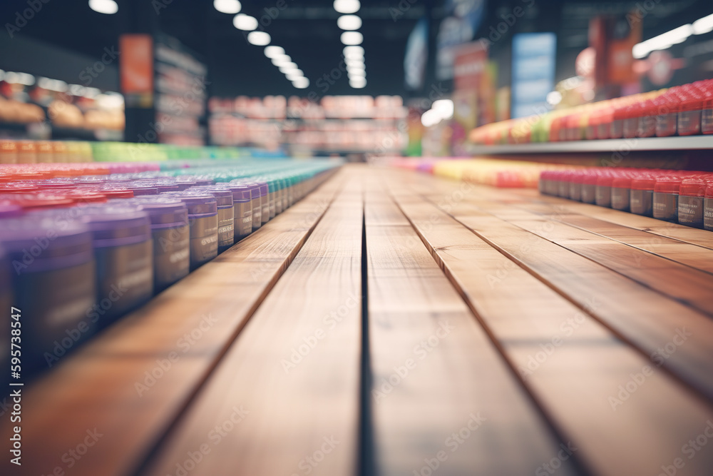 The foreground is the desktop of the wooden board and the vague supermarket background