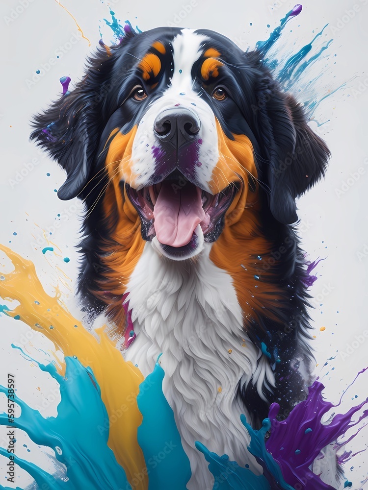 Splash art, Bernese Mountain Dog, ((white background))