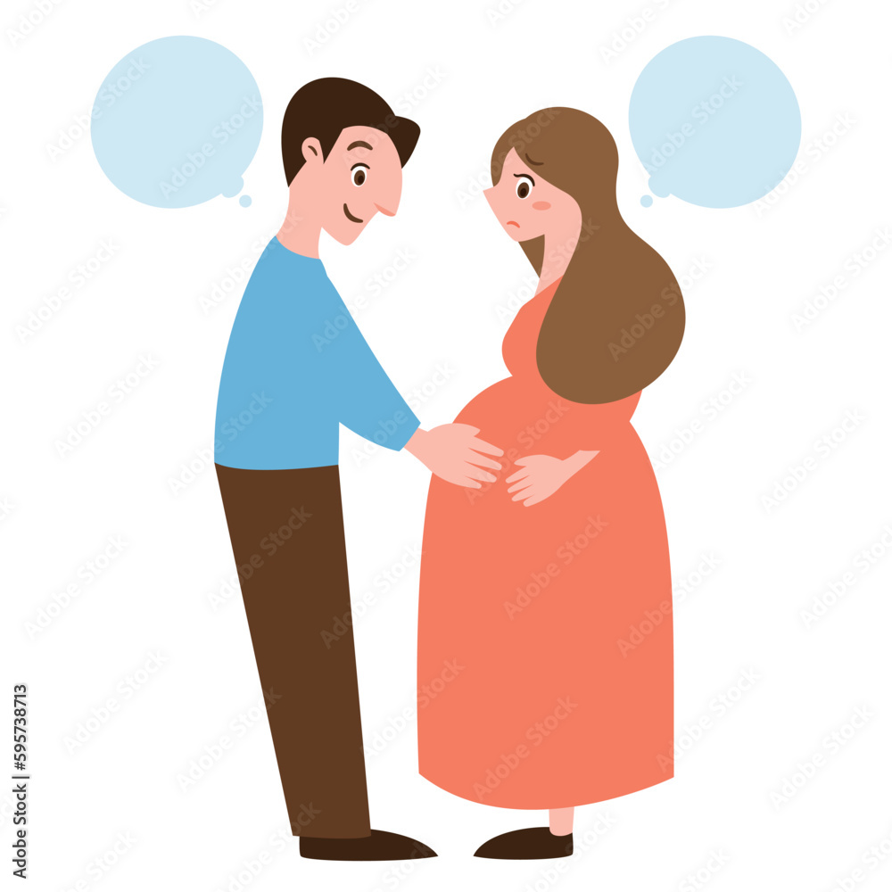 出産間近で不安なマタニティーブルーの妊婦さんと前向きに支える頼もしい旦那さんの夫婦の人物イラスト_向き合わせ吹き出し付き 出産間近で不安なマタニティーブルーの妊婦さんと前向きに支える頼もしい旦那さんの夫婦の人物イラスト_向き合わせ吹き出し付き