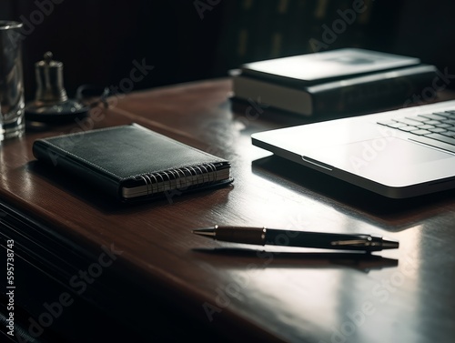 A sleek, closed laptop rests on a desk, accompanied by a classic notepad and a sleek pen.