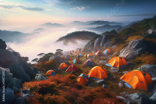 Travelers look beautiful when they are camping on sunset and mountain camping, adventure travel lifestyle concepts