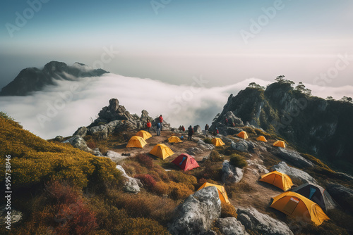Travelers look beautiful when they are camping on sunset and mountain camping, adventure travel lifestyle concepts