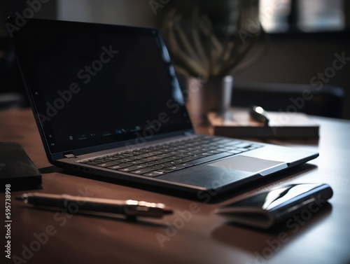 A sleek, closed laptop rests on a desk, accompanied by a classic notepad and a sleek pen.