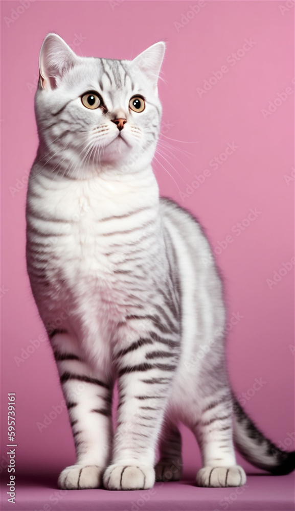 Classic Tabby American Shorthair cat, standing pose, in the pink background studio with Generative AI technology