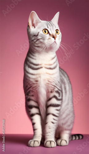 Classic Tabby American Shorthair cat, standing pose, in the pink background studio with Generative AI technology