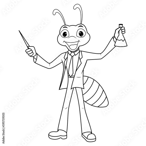 Illustration of Ant scientist holding flask for coloring book