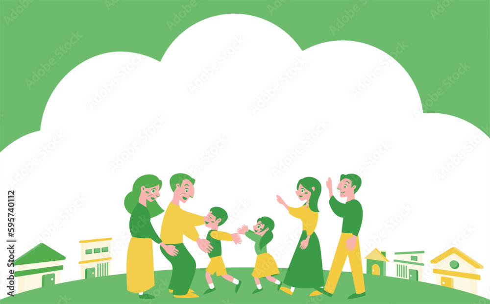 空と街が描かれたコピースペースのあるおじいちゃんおばあちゃんと笑顔の3世代家族・子育て世帯の帰郷人物イラスト_緑・黄色