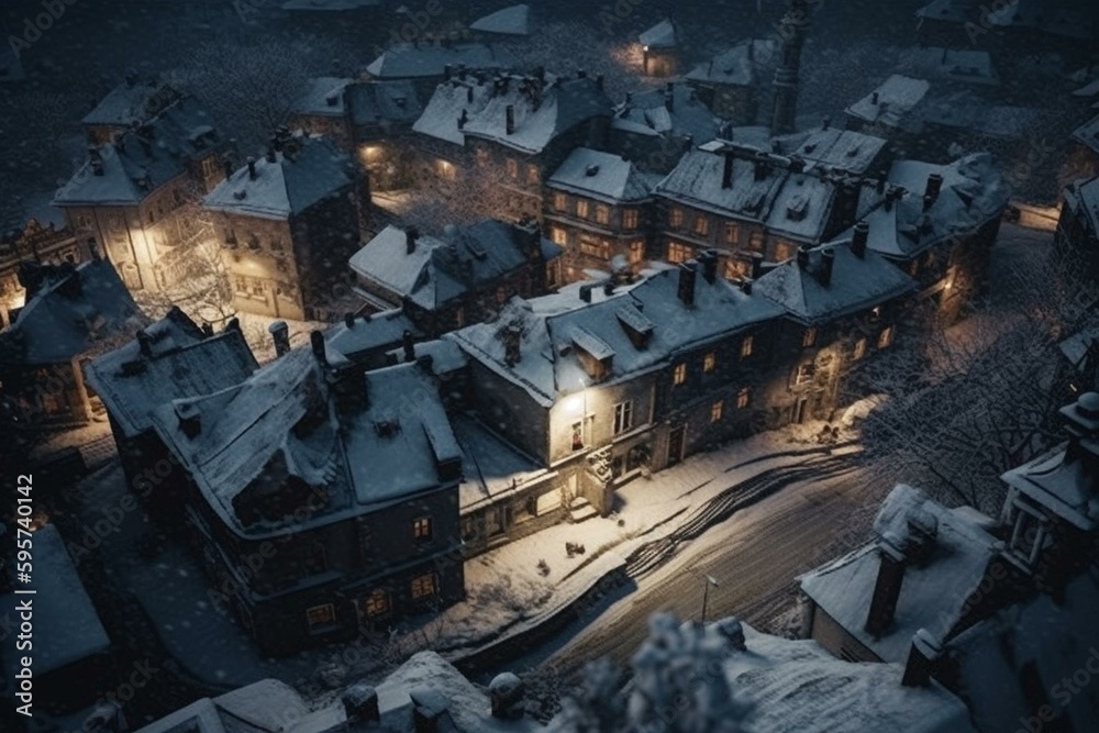 Winter town covered in snow. Tech-created. Generative AI