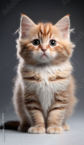 super cute, cheese tabby longhair kitten cat, sitting pose, in the black background studio with Generative AI technology