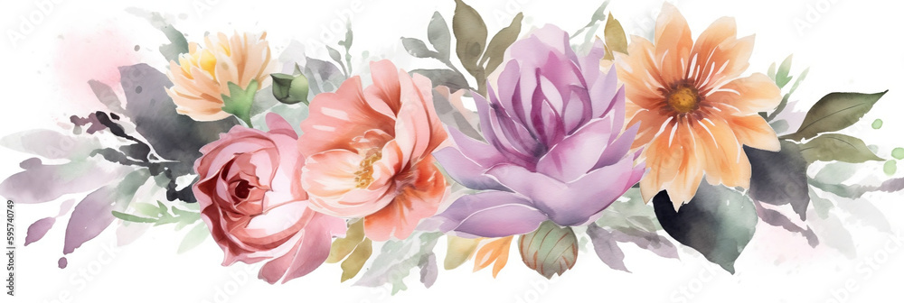 Color bouquet of flowers with watercolor painting style, Generative AI