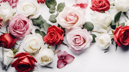 Floral arrangement  web banner with pink and red English roses  ranunculus  carnation flowers and green leaves on white table background. Flat lay  top view. Generative AI.