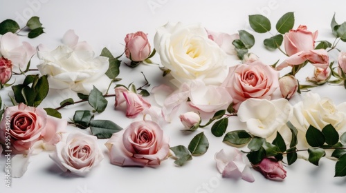Floral arrangement, web banner with pink and red English roses, ranunculus, carnation flowers and green leaves on white table background. Flat lay, top view. Generative AI. © Pro Hi-Res