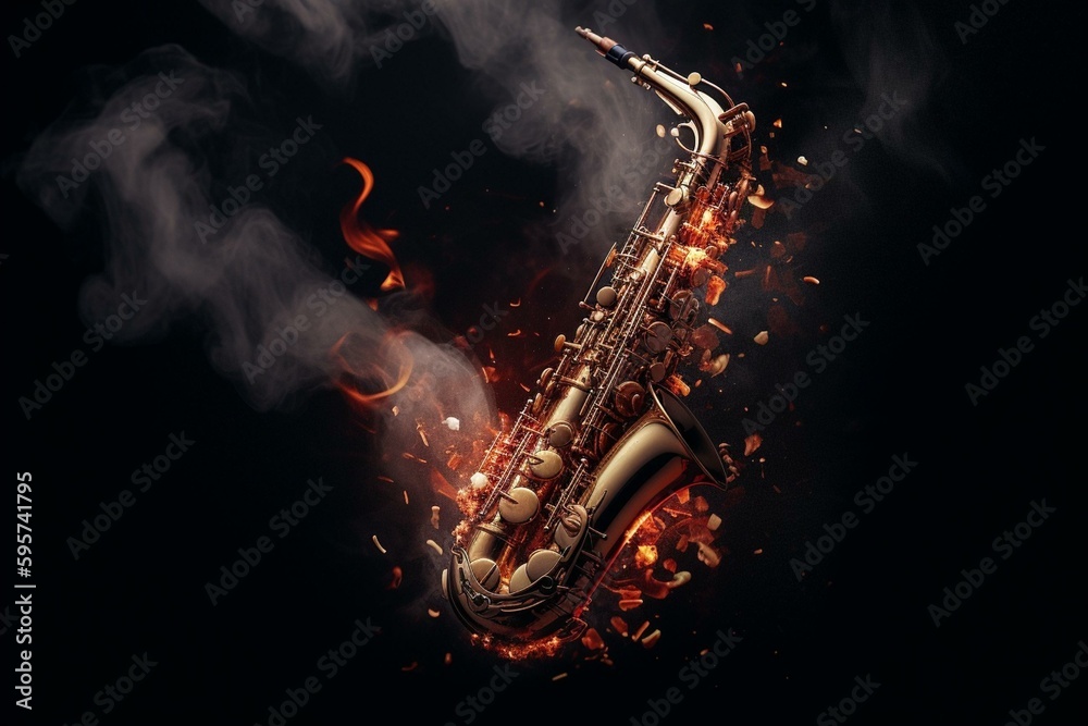 Flaming saxophone explodes with banner and copy space. Generative AI - obrazy, fototapety, plakaty 