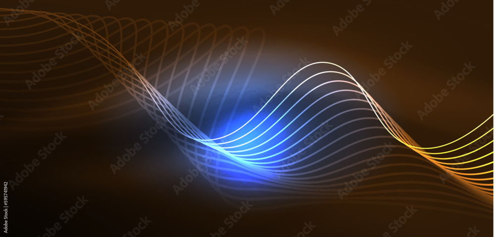 Shiny glowing neon wave. Neon light or laser show, electric impulse, power lines, techno quantum energy impulse, magic glowing dynamic lines
