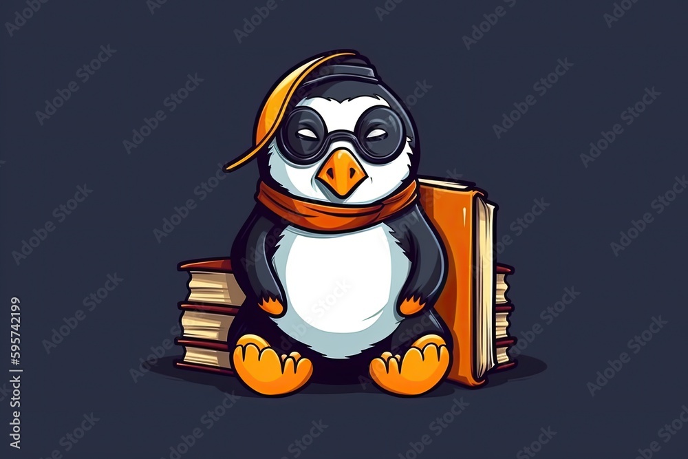 Obraz premium Cartoon Penguin Undergrad Getting Ready For Exams Generative AI