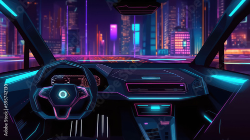 Car drive night road to city cartoon illustration. Cockpit inside view interior with dashboard. Street neon light in futuristic downtown architecture. Empty unmanned vehicle navigation. Genrative ai © Assyifa Sisters