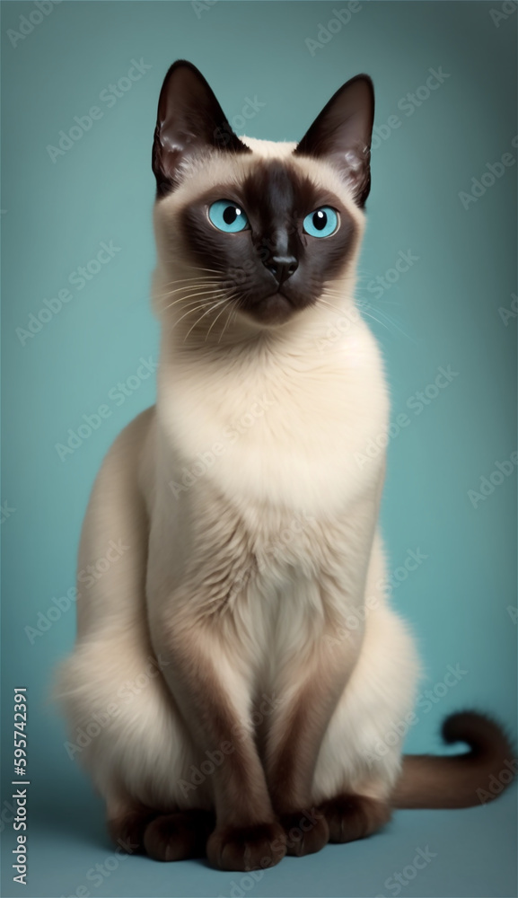 Siamese cat, sitting pose, in the jade green background studio with Generative AI technology