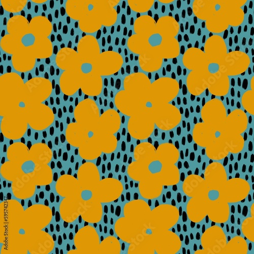 Hand drawn seamless pattern with yellow daisy flowers  floral print on blue teal background with black dots spots. Colorful mid century modern design  retro vintage decoration art.