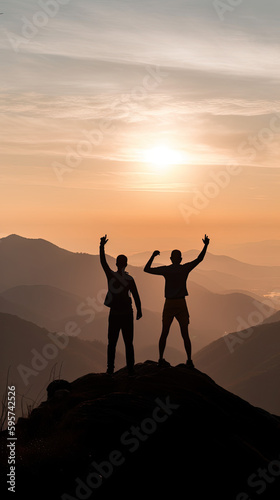 A man standing triumphantly on the top of a mountain. The couple conquering of the summit, evoking a feeling of personal success and triumph 