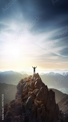 A man standing triumphantly on the top of a mountain. The solo conquering of the summit, evoking a feeling of personal success and triumph  © Nhan