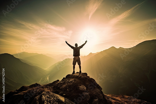 A man standing triumphantly on the top of a mountain. The solo conquering of the summit  evoking a feeling of personal success and triumph 