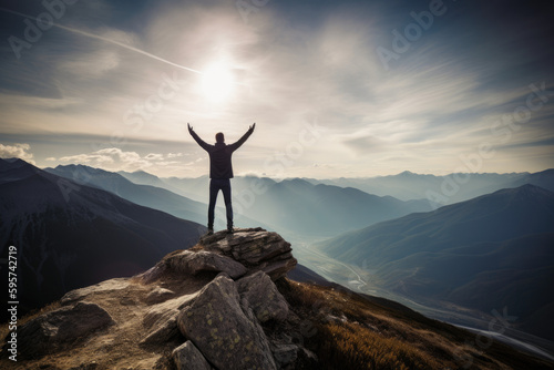 A man standing triumphantly on the top of a mountain. The solo conquering of the summit, evoking a feeling of personal success and triumph  © Nhan