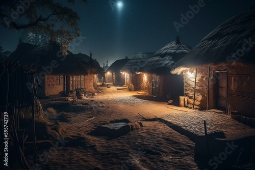 Nighttime in an African village. Generative AI