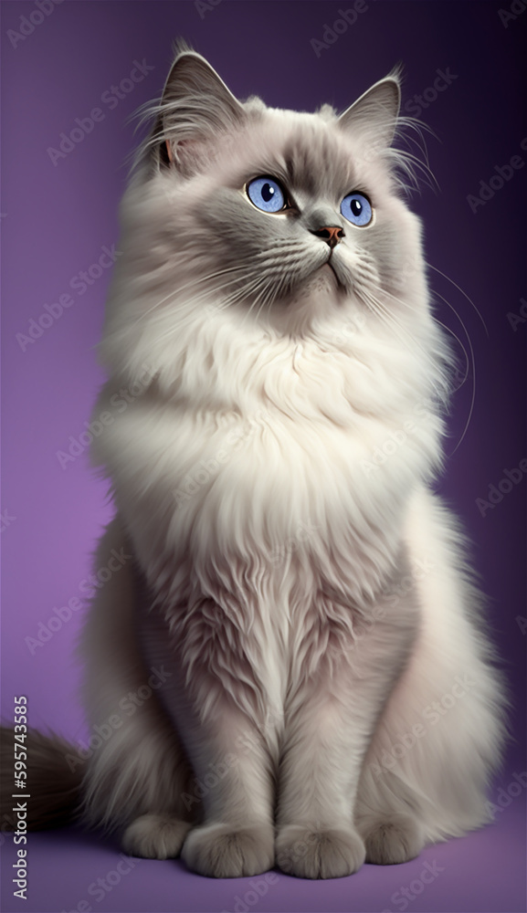 Ragdoll cat, Balinese cat, sitting pose, in the violet background studio with Generative AI technology