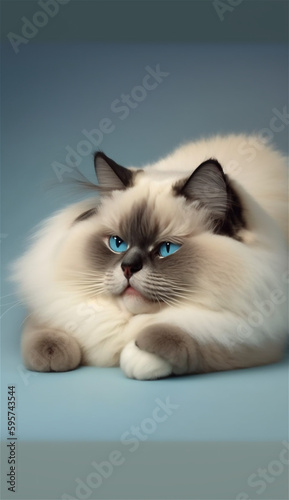 Ragdoll cat, Balinese cat, lying donw pose, in the blue background studio with Generative AI technology photo