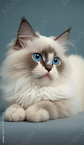 Ragdoll cat, Balinese cat, lying donw pose, in the blue background studio with Generative AI technology photo