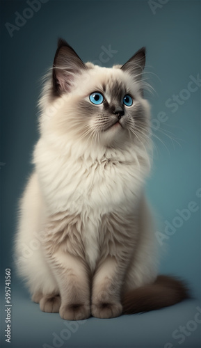 Ragdoll cat, Balinese cat, sitting pose, in the blue background studio with Generative AI technology