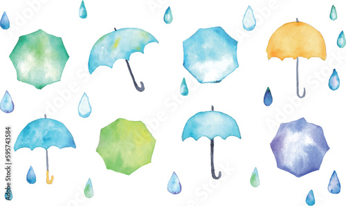水彩画。水彩タッチの梅雨ベクターイラスト。雨の日の傘と雫背景。Watercolor painting. Rainy season vector illustration with watercolor touch. Rainy day umbrella and drops background.
