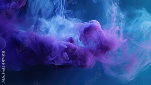 Mist texture. Color smoke. Paint liquid water mix. Mysterious storm sky. Blue purple glowing fog cloud wave abstract art background with free space. Generative ai