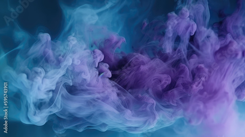 Mist texture. Color smoke. Paint liquid water mix. Mysterious storm sky. Blue purple glowing fog cloud wave abstract art background with free space. Generative AI