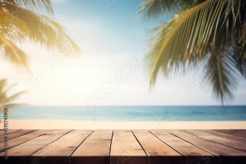 Tropical seaside table setting with blurred background, generative AI