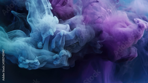Mist texture. Color smoke. Paint liquid water mix. Mysterious storm sky. Blue purple glowing fog cloud wave abstract art background with free space