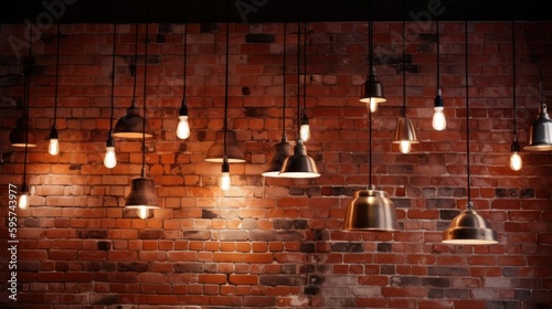 Lamp in the night, brick wall background, generative ai