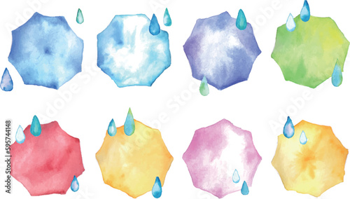 水彩画。水彩タッチの梅雨ベクターイラスト。雨の日の傘と雫背景。Watercolor painting. Rainy season vector illustration with watercolor touch. Rainy day umbrella and drops background.