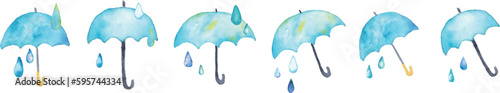 水彩画。水彩タッチの梅雨ベクターイラスト。雨の日の傘と雫背景。Watercolor painting. Rainy season vector illustration with watercolor touch. Rainy day umbrella and drops background.