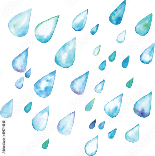 水彩画。水彩タッチの雫ベクターイラスト。梅雨の雨イラスト背景。Watercolor painting. Watercolor touch drops vector illustration. Rainy season rain illustration background.