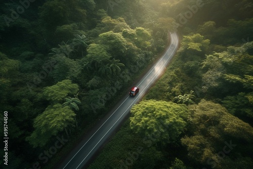 Aerial view of an asphalt road winding through a tropical forest with a car on it. Adventure and Asia-themed background. Generative AI © Miriam