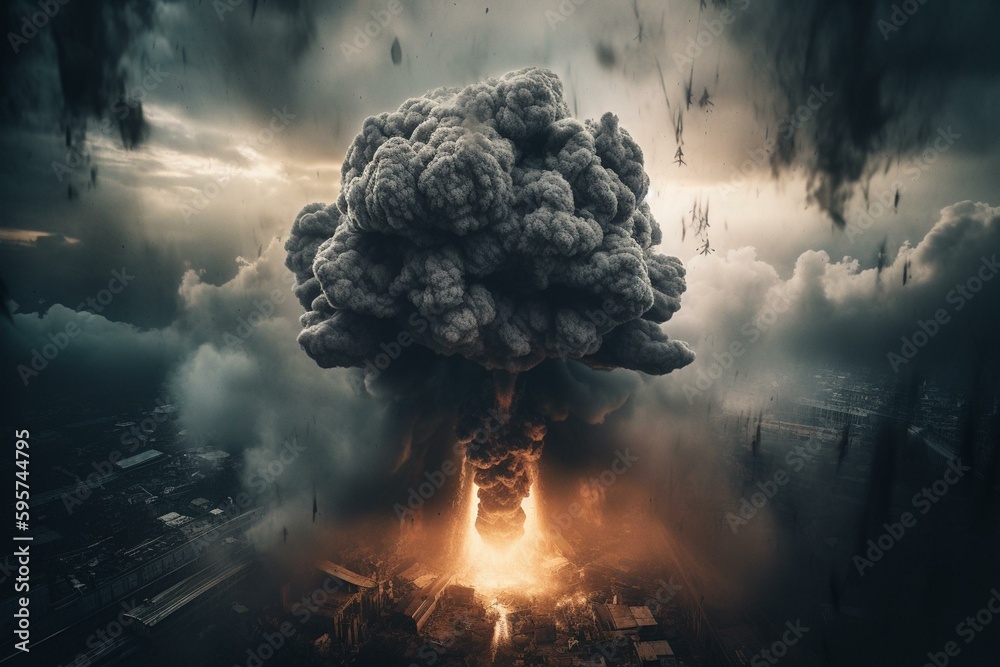 Devastating atomic bomb test, resulting in a black mushroom cloud seen ...