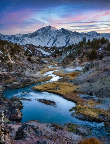 Mammoth Mountain at Sunset with Hot Creek in the Foreground.