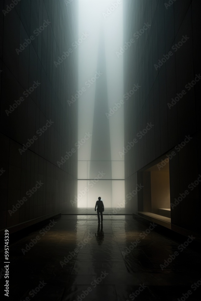 Silhouette of a person in a corridor, blade runner vibe. Generative AI. Silhouette of a person in a corridor, blade runner vibe. Generative AI.
