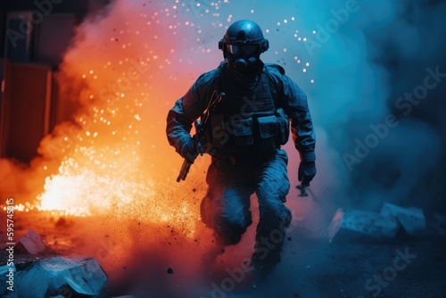 Swat soldier near explosion. Generative AI.