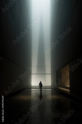 Silhouette of a person in a corridor, blade runner vibe. Generative AI.
