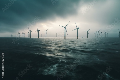 Wind turbines generating clean energy on a cloudy morning at an offshore wind farm. Generative AI
