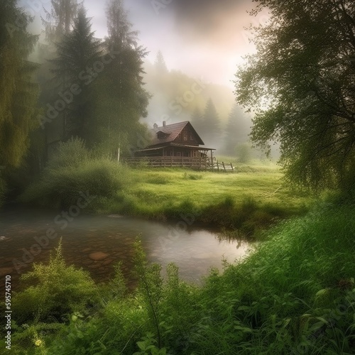 A solovay forest river low dlouds a lot of greenery grass, Nature Photography.Generative AI photo