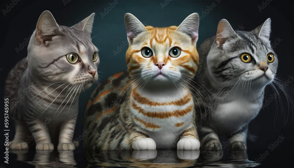 Tabby cat, Domestic cats, Korean shorthair cat, sitting pose, in the black background studio with Generative AI technology