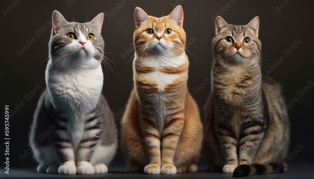 Tabby cats, Domestic cat, Korean shorthair cat, sitting pose, in the black background studio with Generative AI technology